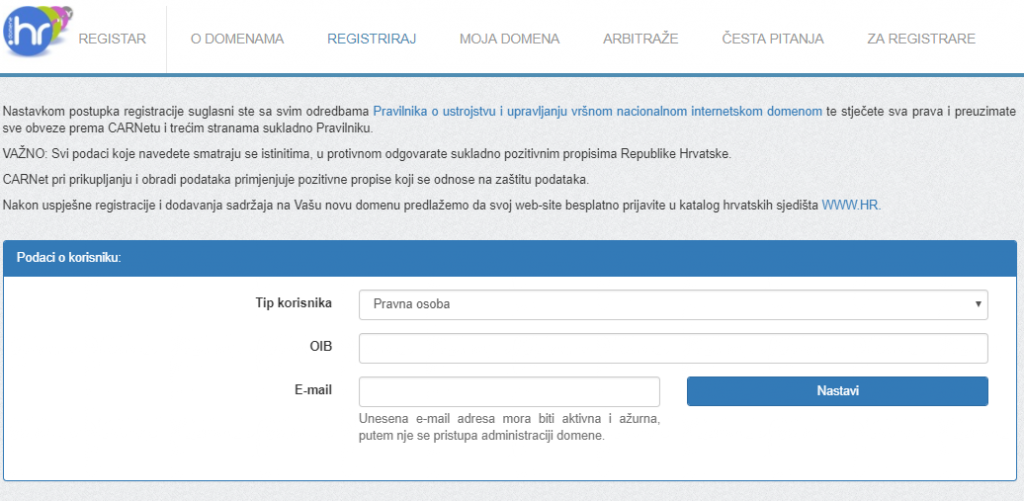 CARNetova registracija besplatne hr domene